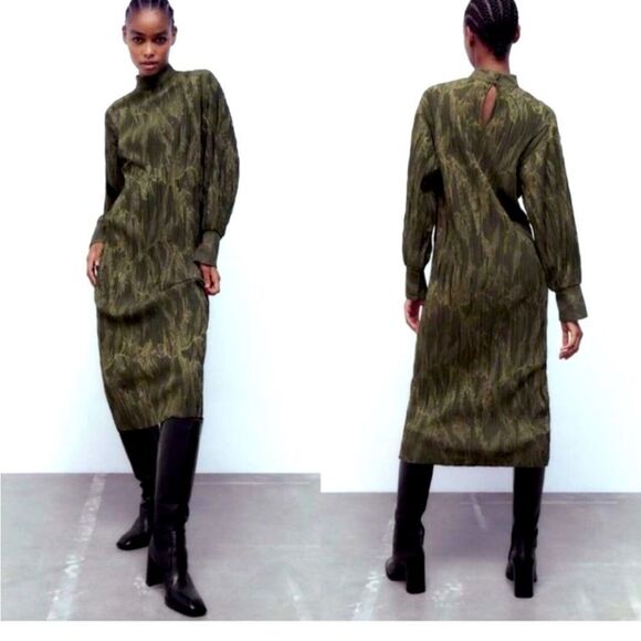 NWT Zara Long Sleeve Midi Dress Jacquard Print Size Small - Picture 1 of 11